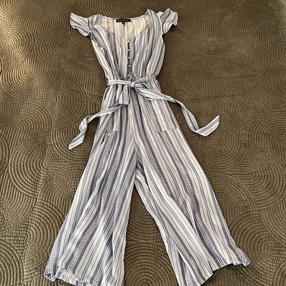 NWOT Blue & White Striped Jumpsuit with Flutter Sleeves